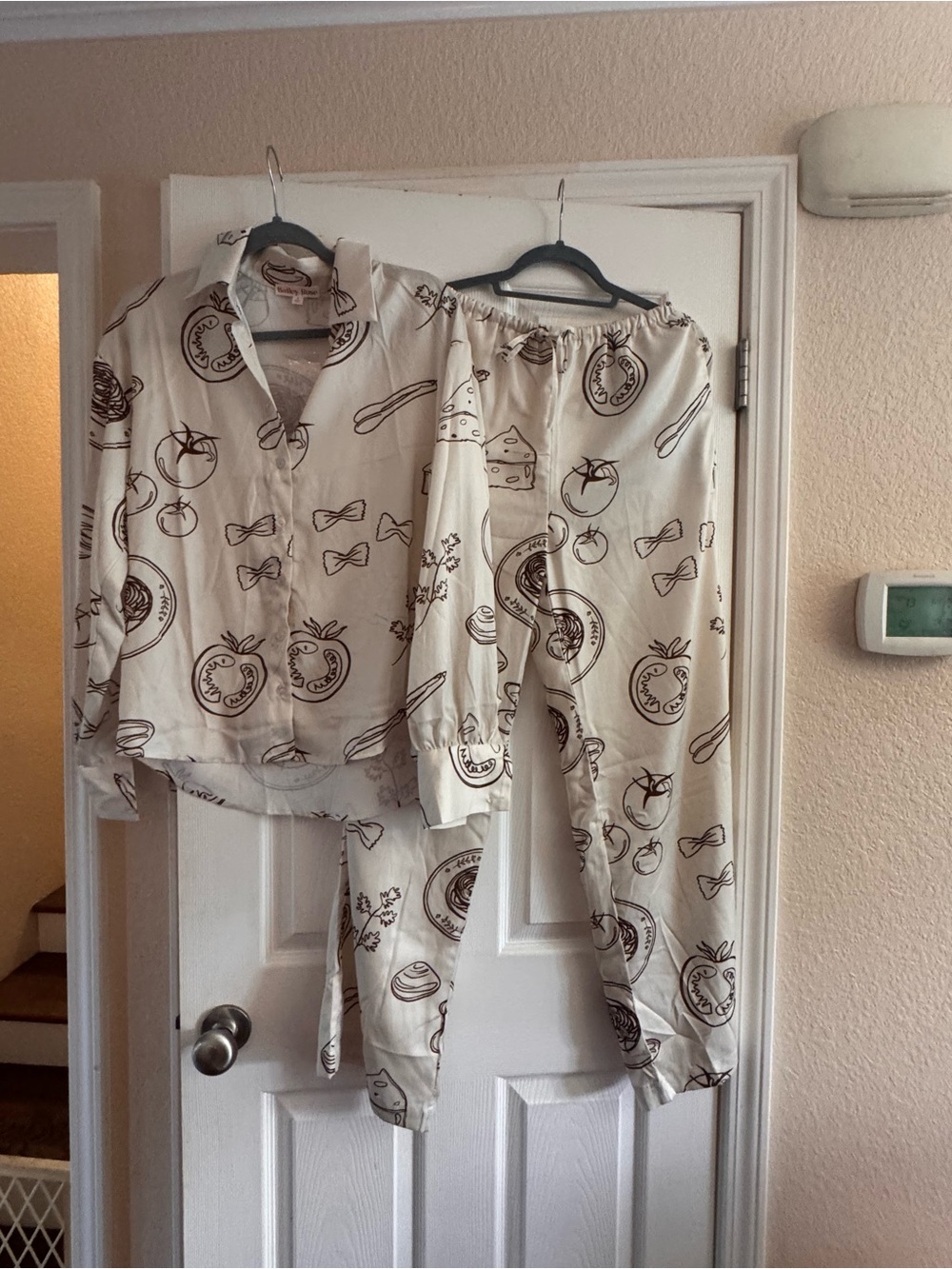 Cream Printed Women’s Pajama Set with Playful Brown Motif